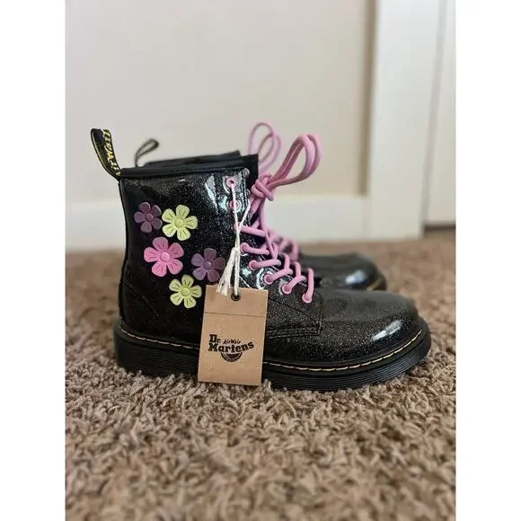Dr Martens Junior 1460 Glitter & Flower Applique Lace Up Boots Sz 5 - Picture 2 of 9